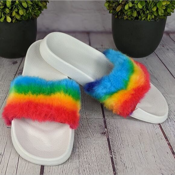 Faux Fur Rainbow Slip On Slides - Picture 1 of 6